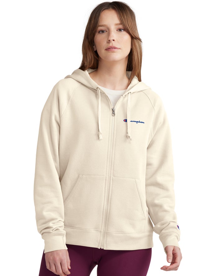 Champion Powerblend Fleece Full Zip Kadın Kapşonlu Sweatshirt Krema ( JXRZCS085 )